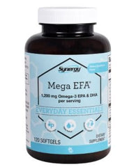 Vitacost Synergy Mega EFA-1200 bottle with strawberry-flavored softgels, easy to swallow.