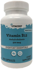Vitacost Vitamin B-12 Methylcobalamin bottle highlighting high potency and daily energy support