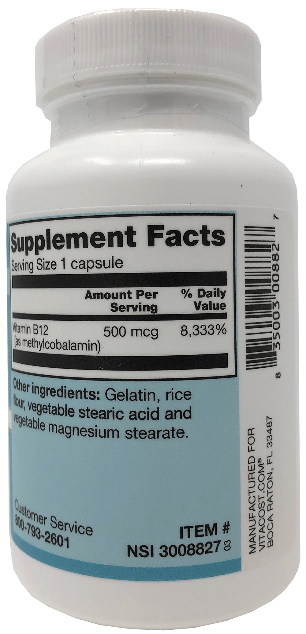 Close-up of Vitacost B-12 methylcobalamin capsules for daily supplementation