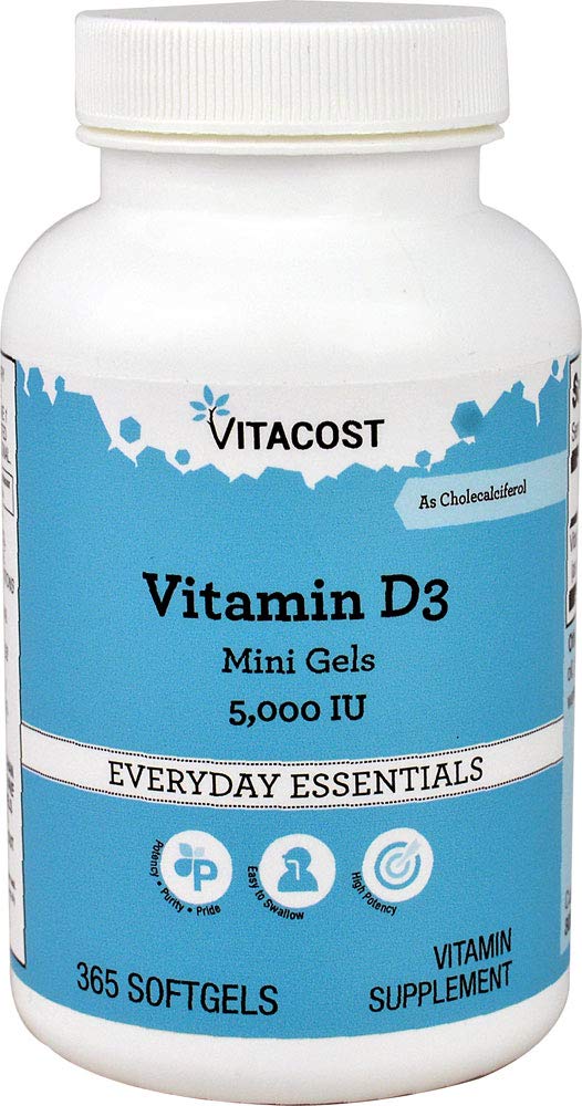 Vitacost Vitamin D3 mini softgel bottle—easy-to-swallow daily vitamin D3 supplement.