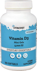 Vitacost Vitamin D3 mini softgel bottle—easy-to-swallow daily vitamin D3 supplement.