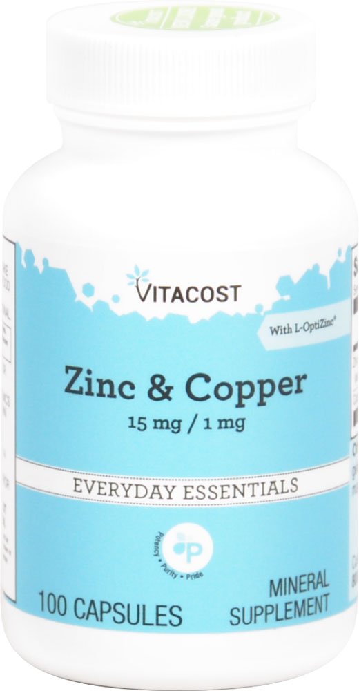 Vitacost Zinc & Copper bottle showing 15 mg zinc and 1 mg copper for daily mineral support