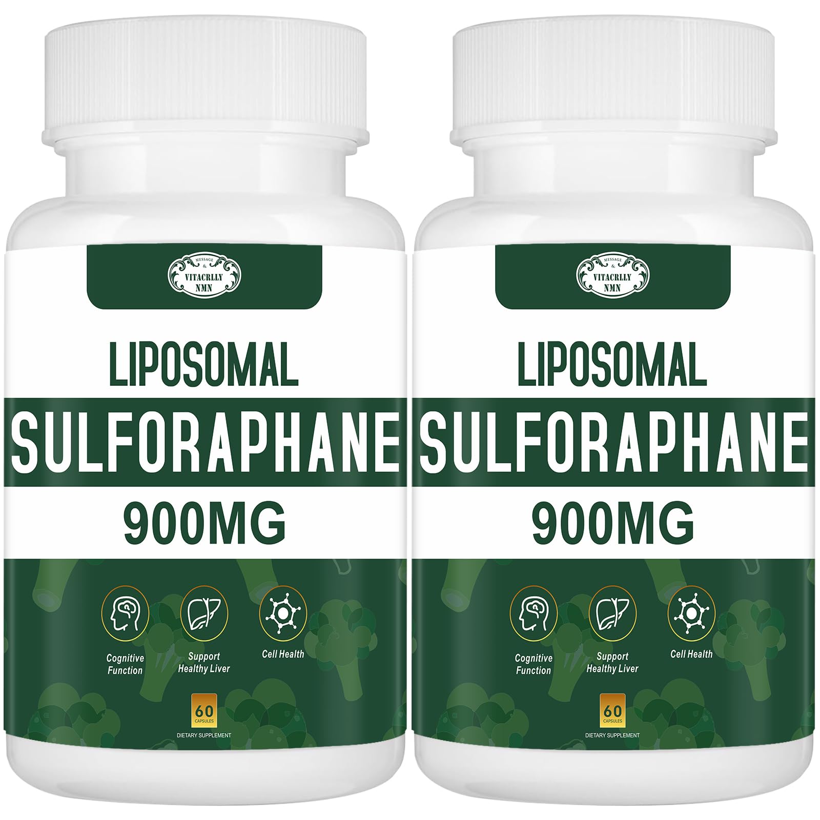 VITACRLLYNMN 900mg liposomal sulforaphane bottle highlights potent antioxidant delivery.