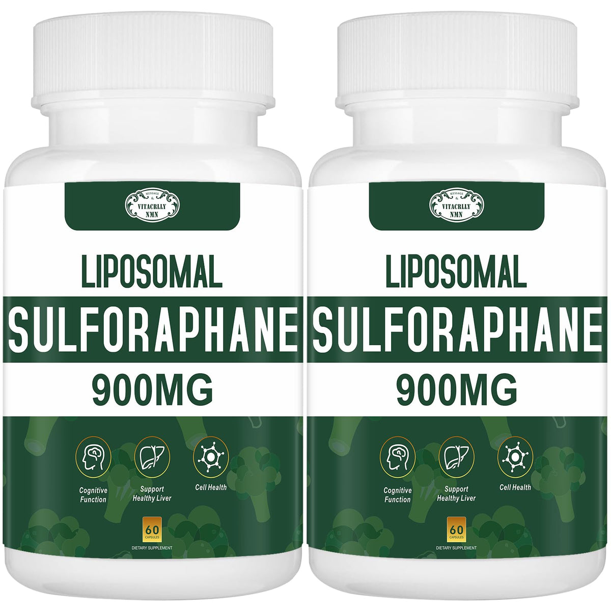 VITACRLLYNMN 900mg liposomal sulforaphane bottle highlights potent antioxidant delivery.