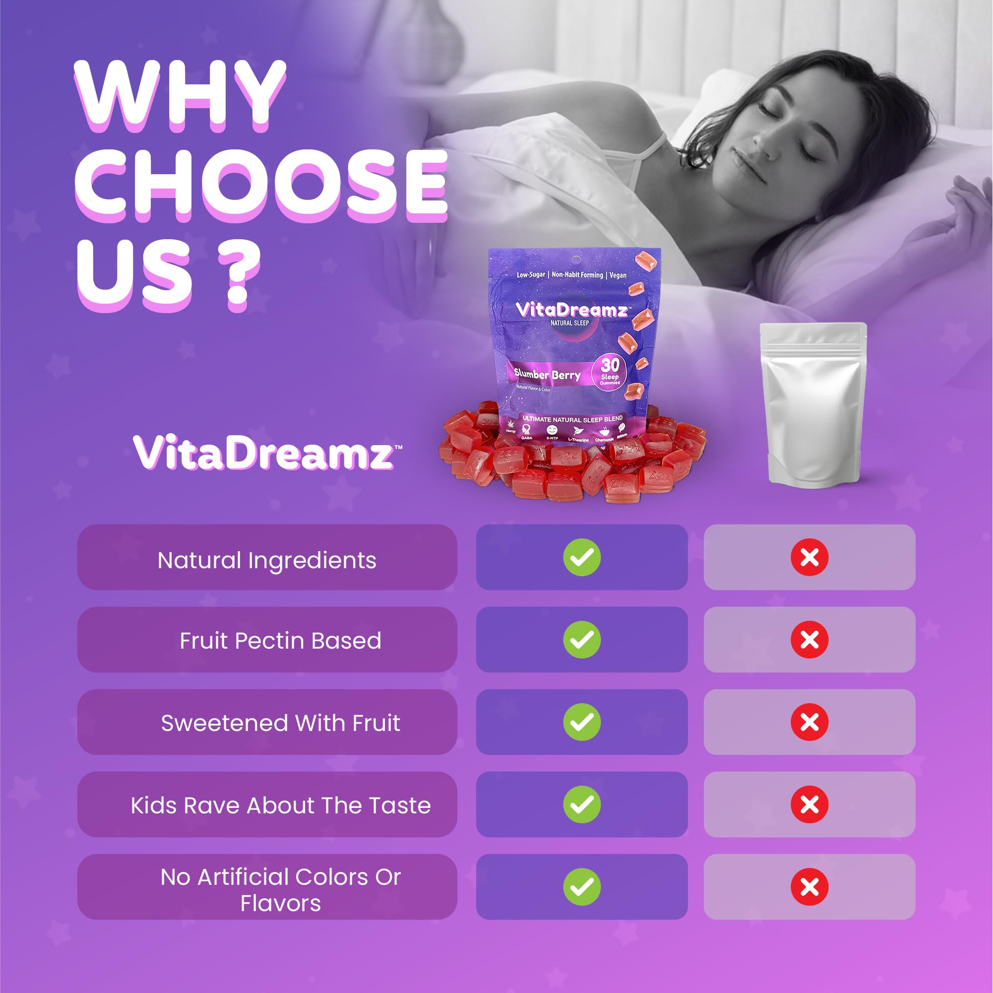 VitaDreamz SleepEZ gummies closeup showing Slumber Berry flavor