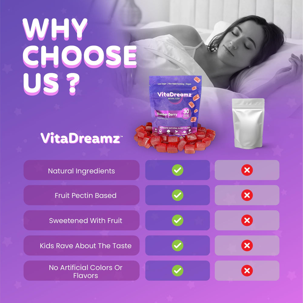VitaDreamz SleepEZ gummies closeup showing Slumber Berry flavor