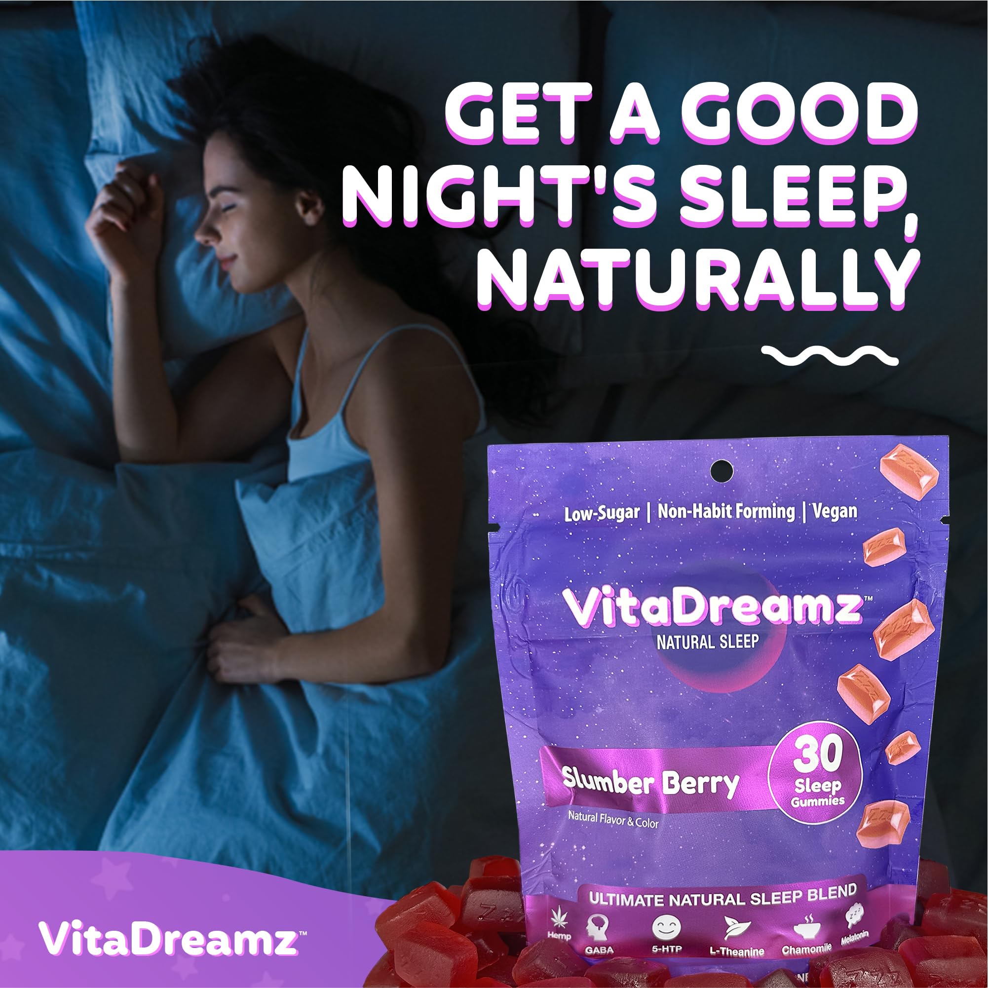 VitaDreamz SleepEZ packaging flatlay for a balanced nightly routine
