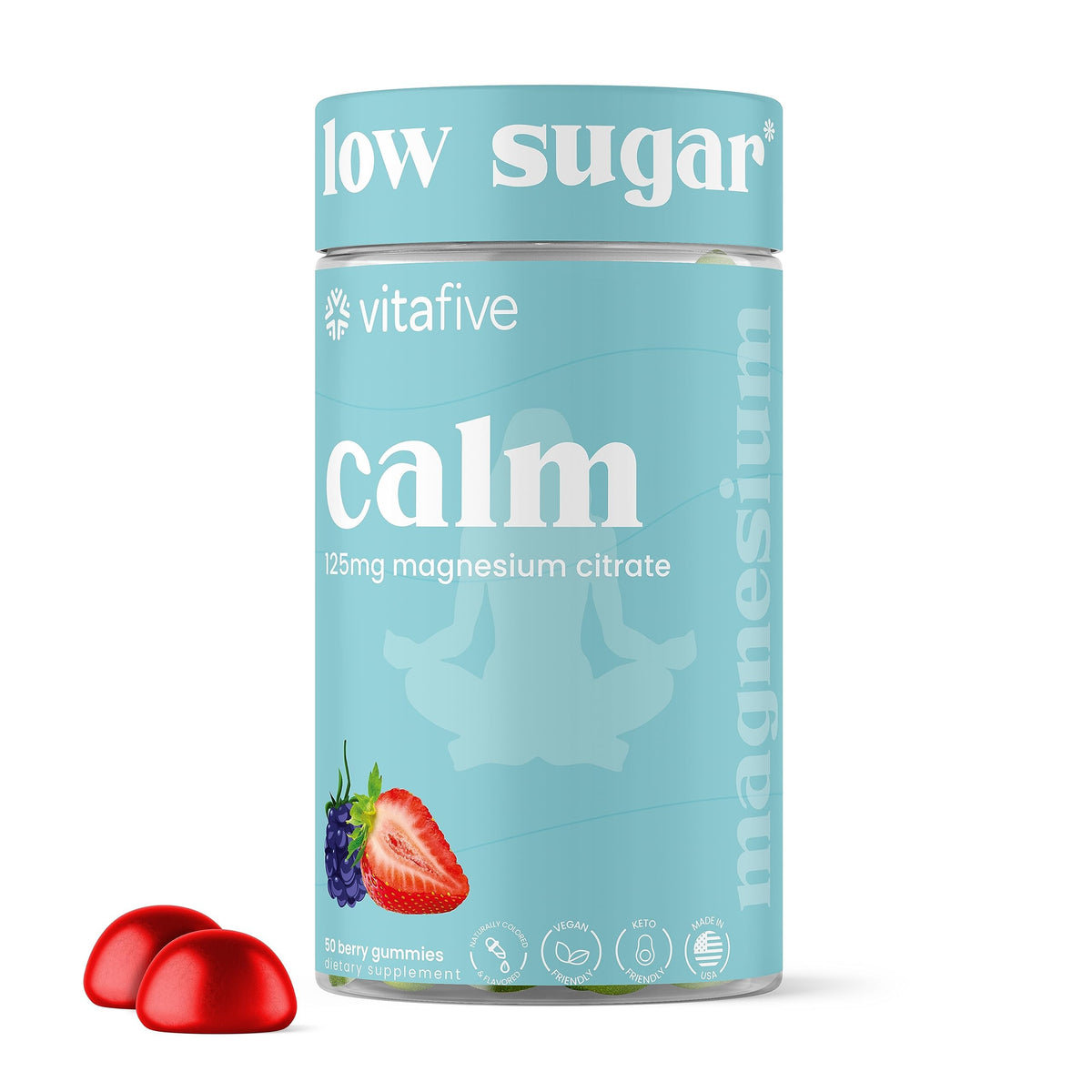 Vitafive low sugar calm magnesium gummies bottle front for daily use