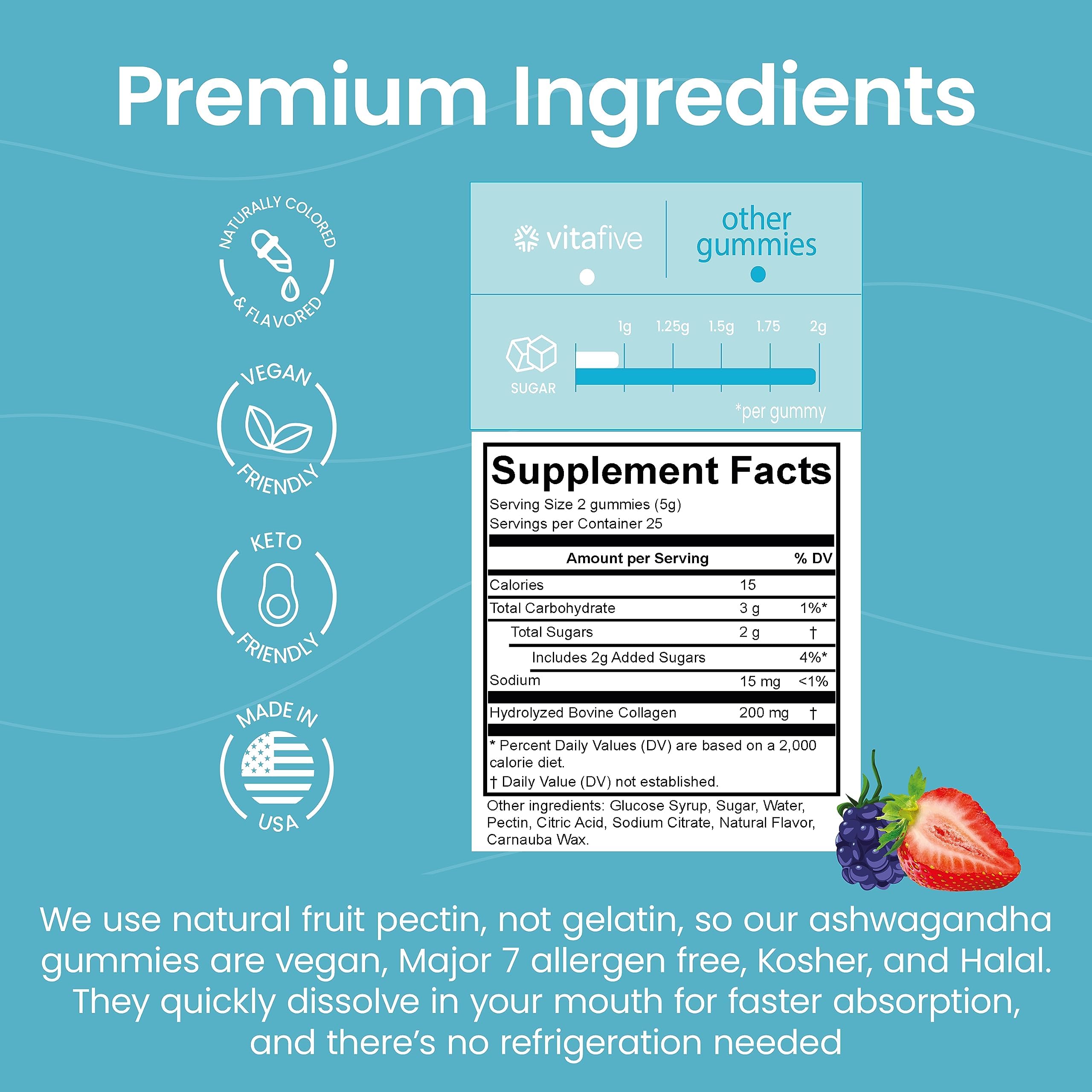 Vitafive gummies with natural mixed berry flavors and colors