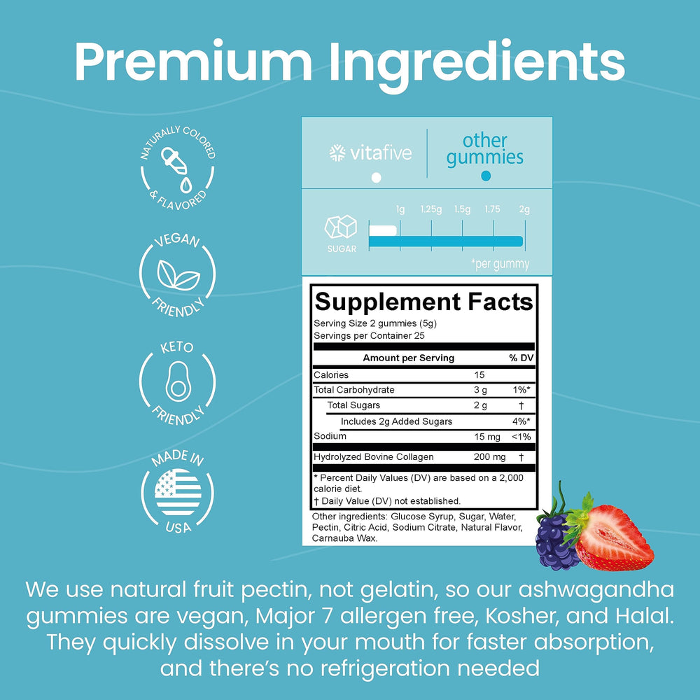 Vitafive gummies with natural mixed berry flavors and colors