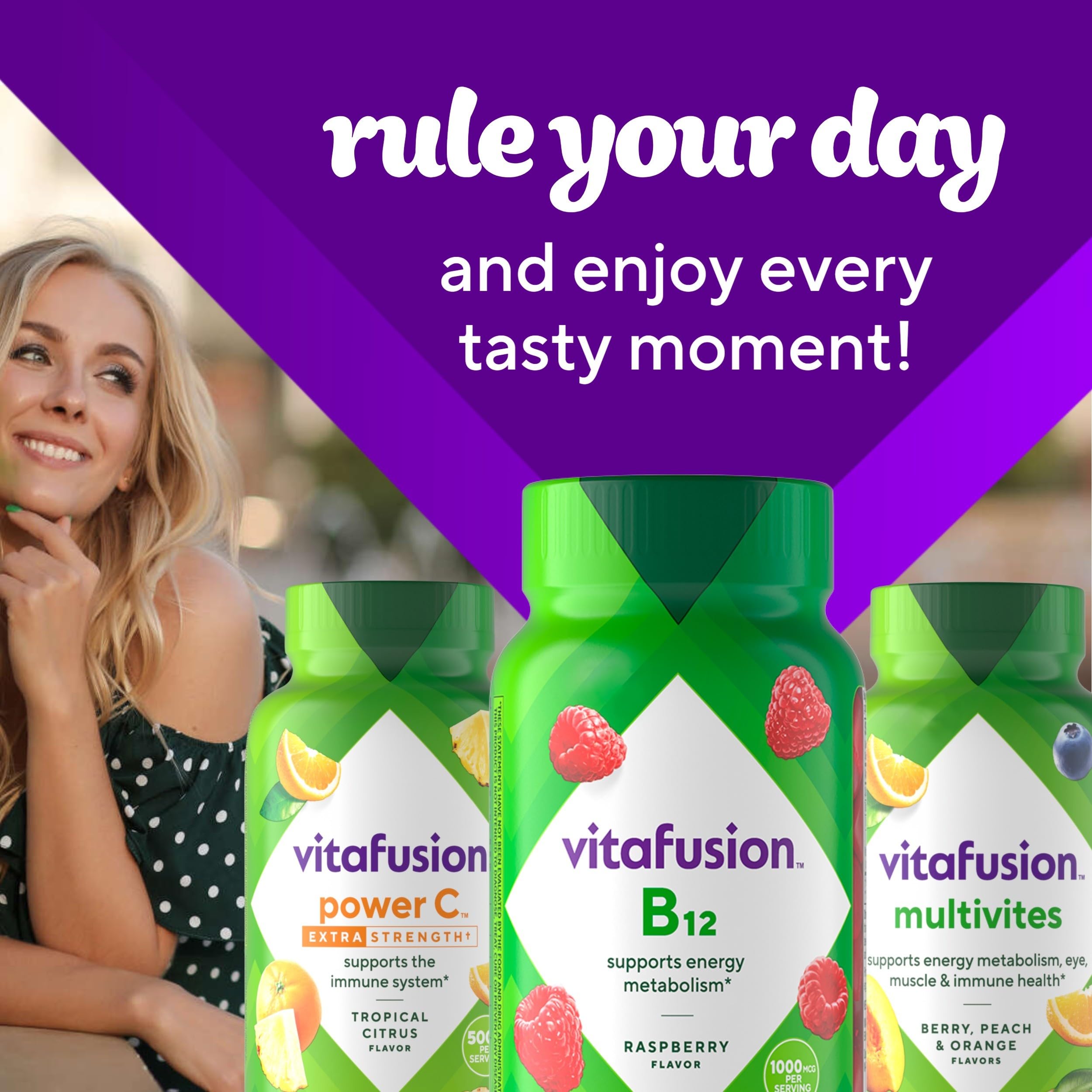 Vitafusion B12 gomitas frambuesa, snack energizante para el día