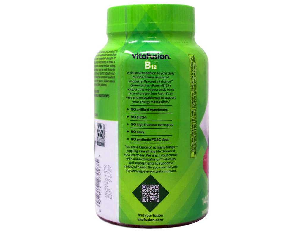 Vitafusion B12 packaging front emphasizes no gluten and no artificial dyes