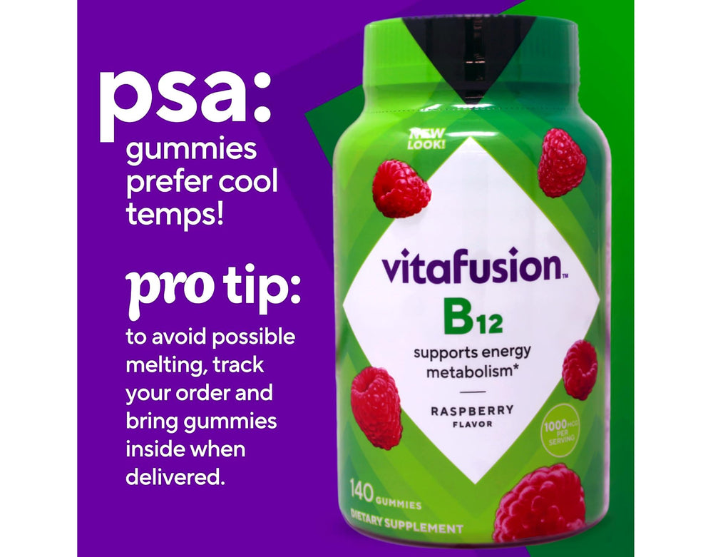 Vitafusion B12 serving with water indicates easy daily intake