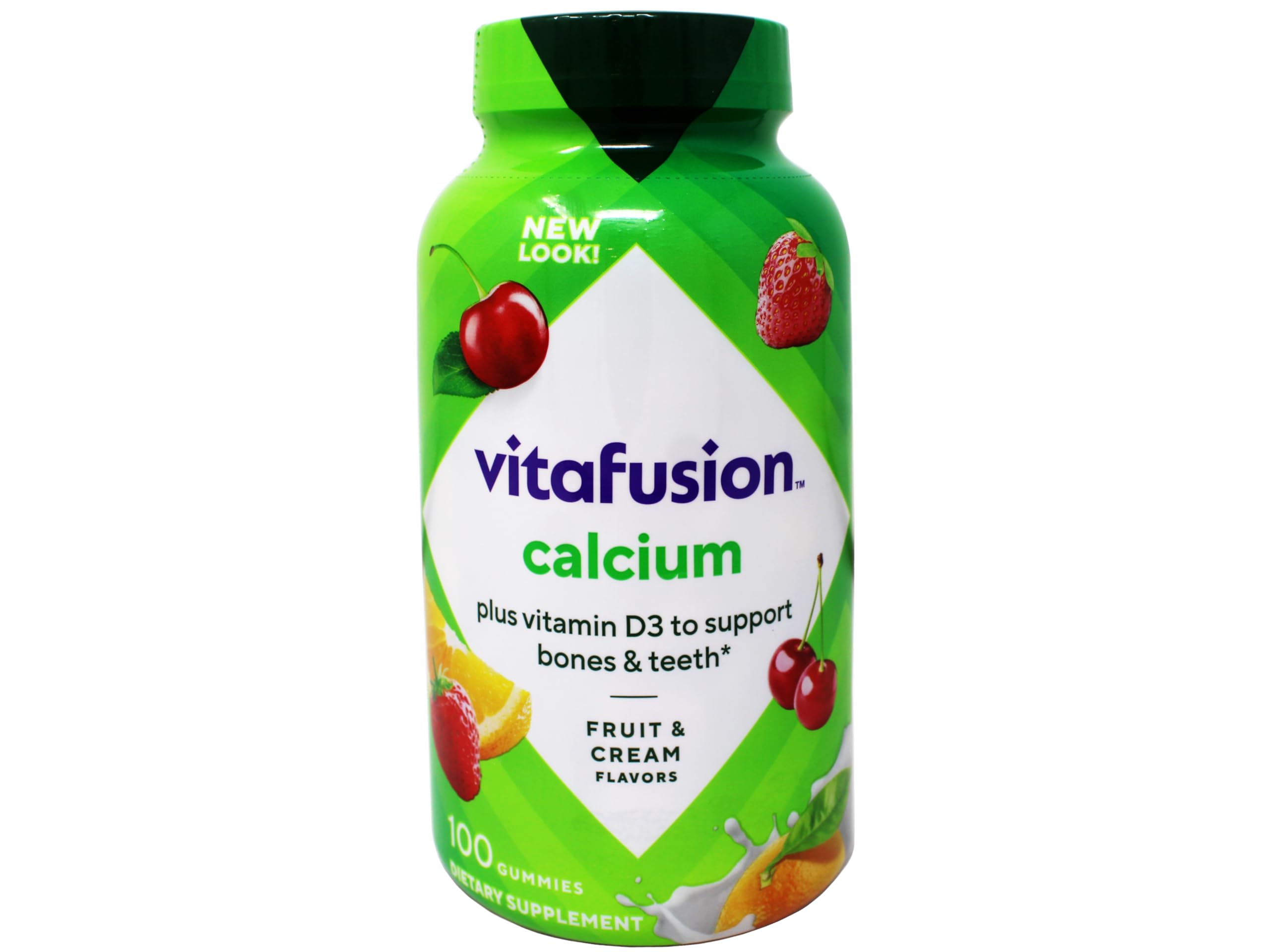 Vitafusion Calcium gummies bottle back shows vitamin D3 content for bone health.