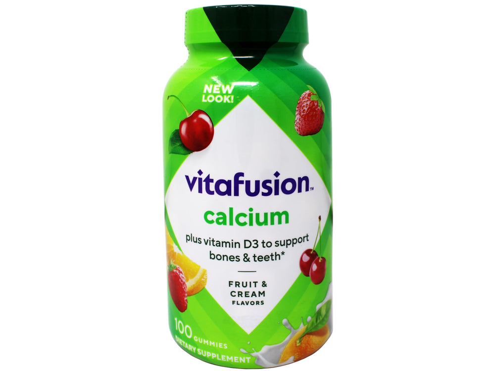 Vitafusion Calcium gummies bottle back shows vitamin D3 content for bone health.