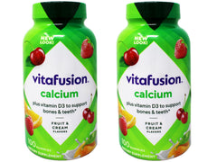 Vitafusion Calcium 500 mg gummies bottle front with natural fruit flavors and calcium support.