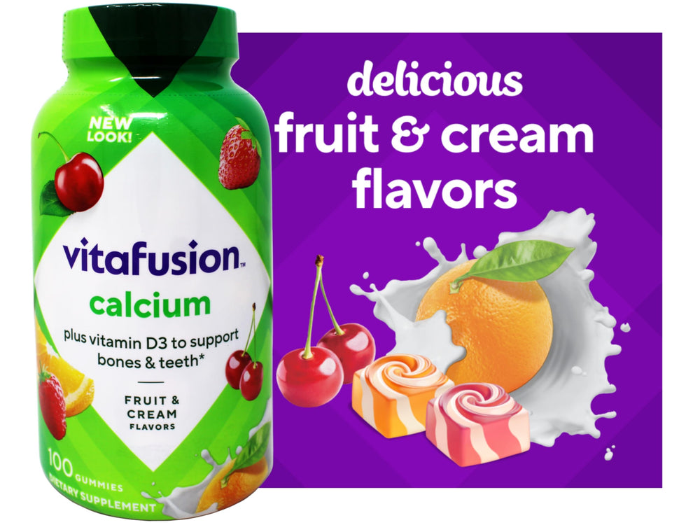 Vitafusion calcium gummies serving-size panel shows two gummies per serving.