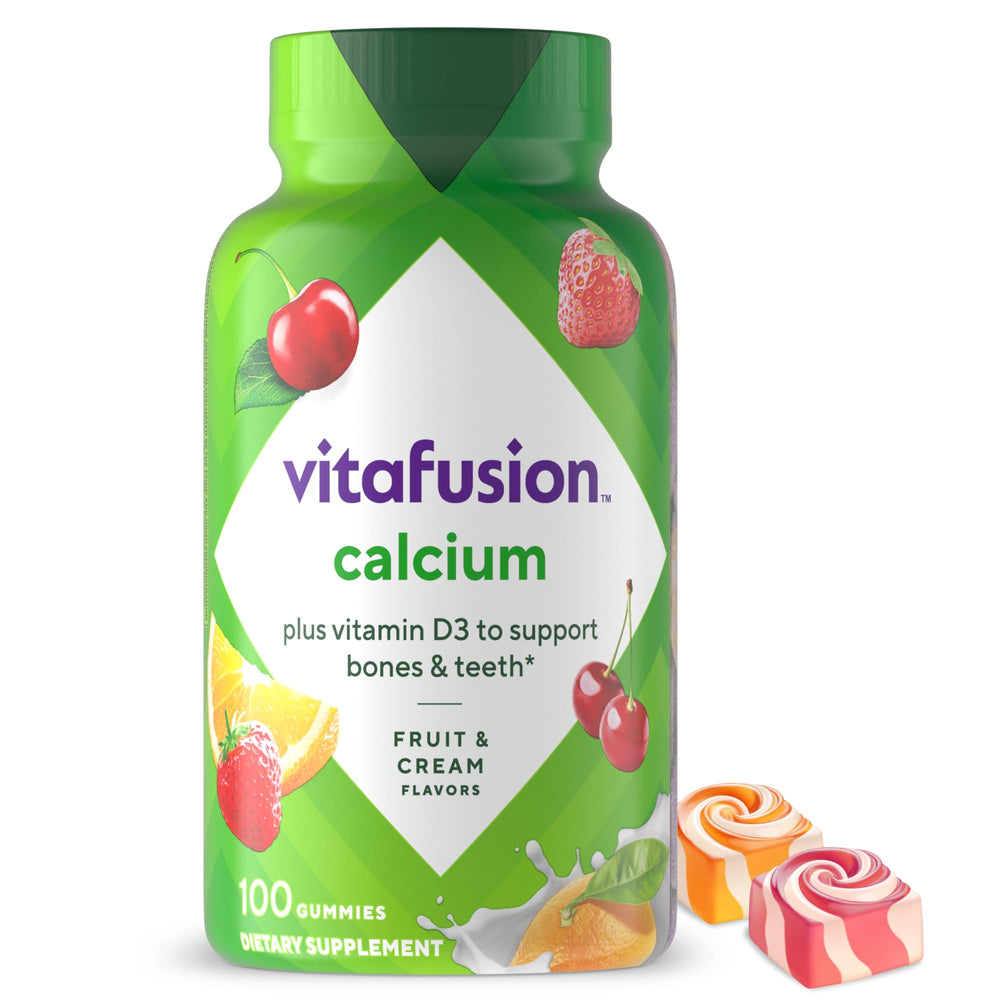 Vitafusion calcium gummies bottle front, convenient daily bone support.