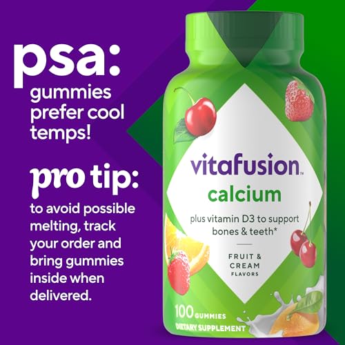 Vitafusion calcium gummies serving on spoon, convenient daily calcium source.