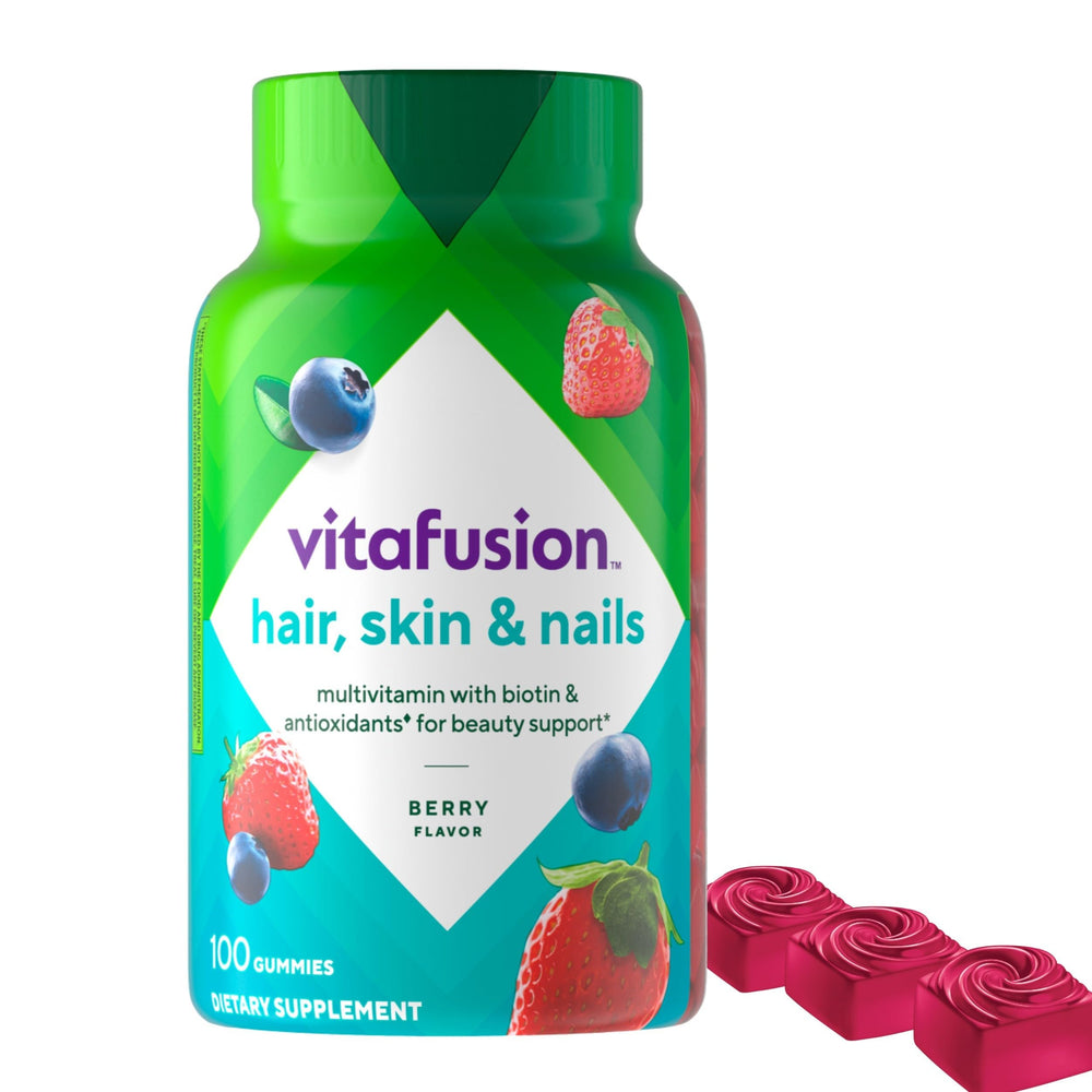 Vitafusion Gorgeous Hair, Skin Nails bottle displaying 100 gummy vitamins for daily beauty support