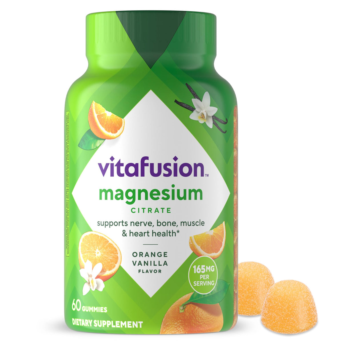 Vitafusion Magnesium Gummy Tropical Bottle showing daily nerve and muscle support.
