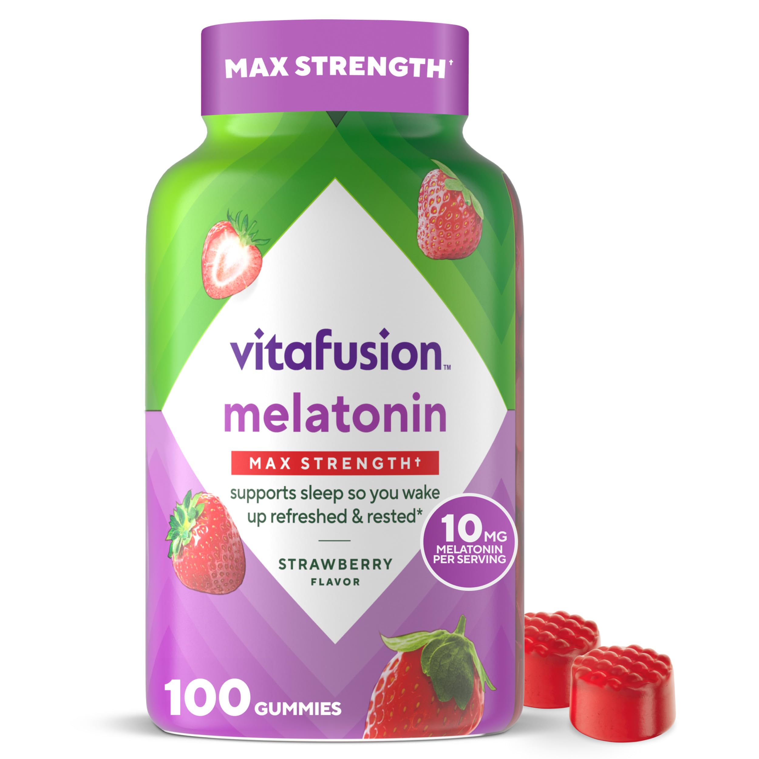 Vitafusion melatonin 10 mg gummies bottle on countertop for convenient sleep support.