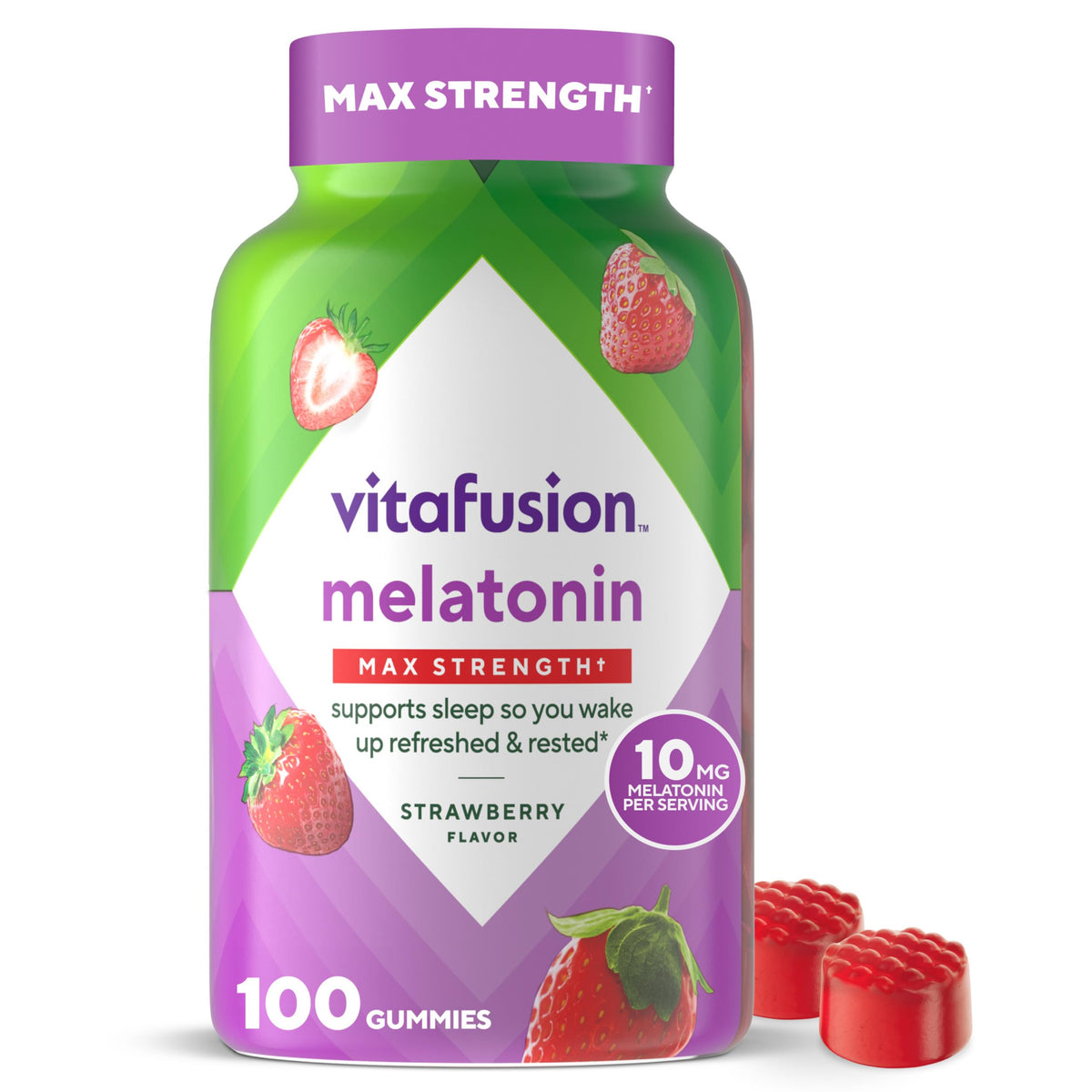 Vitafusion melatonin 10 mg gummies bottle on countertop for convenient sleep support.