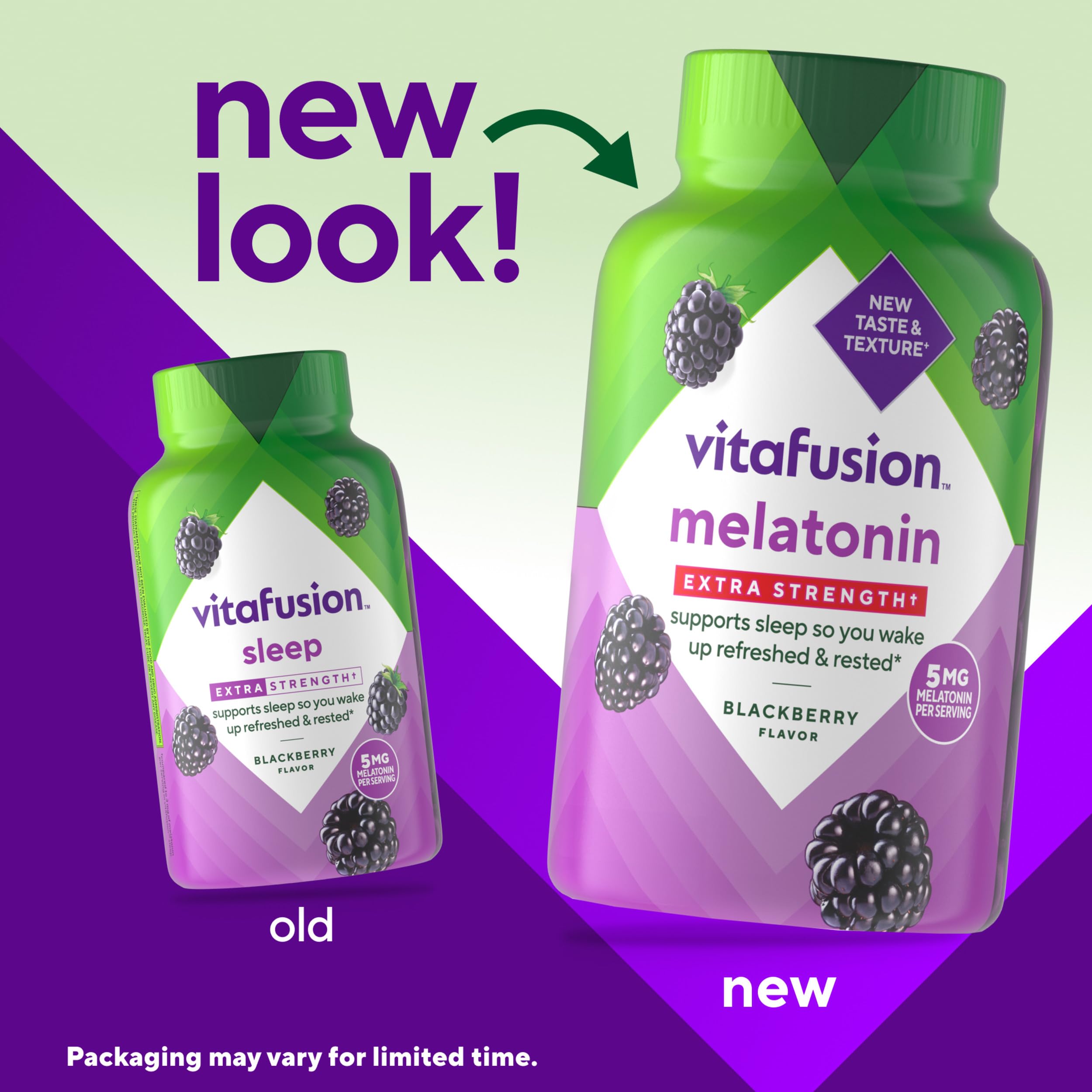 Close-up of Vitafusion melatonin gummy bottle label highlighting 5 mg per serving