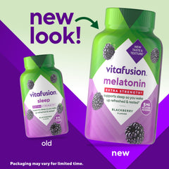 Close-up of Vitafusion melatonin gummy bottle label highlighting 5 mg per serving