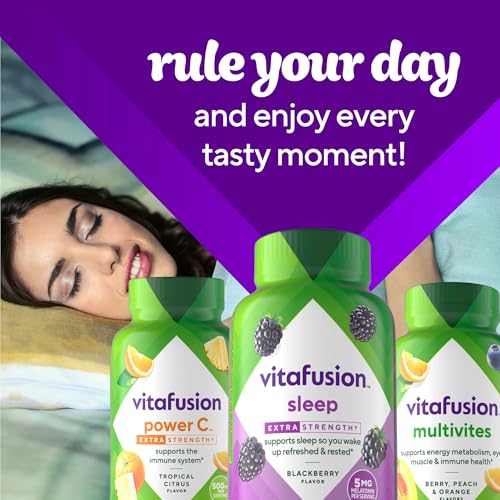 Box packaging of Vitafusion melatonin gummies highlighting branding and product details