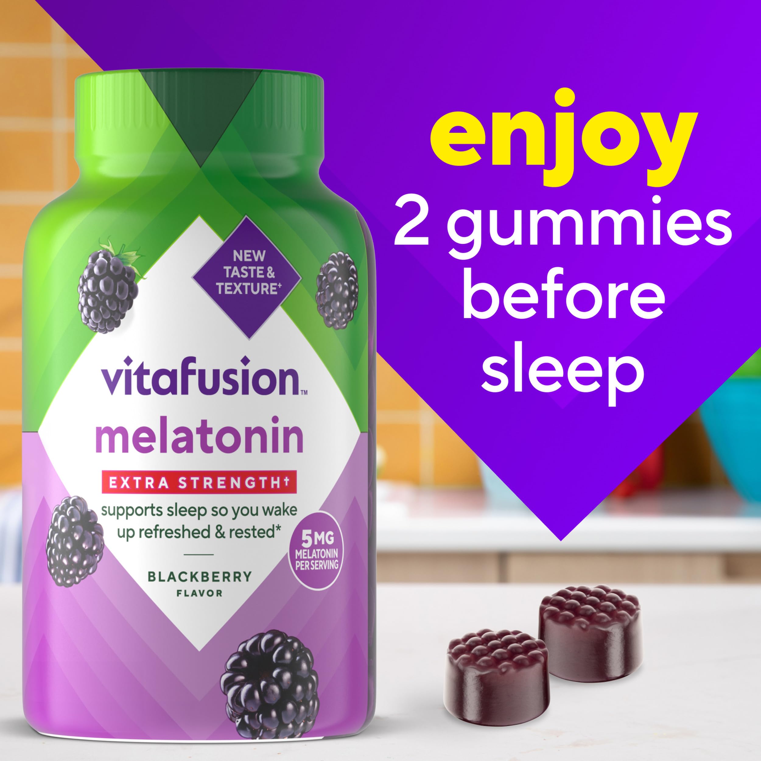 Jar on nightstand suggesting a simple bedtime routine with Vitafusion gummies