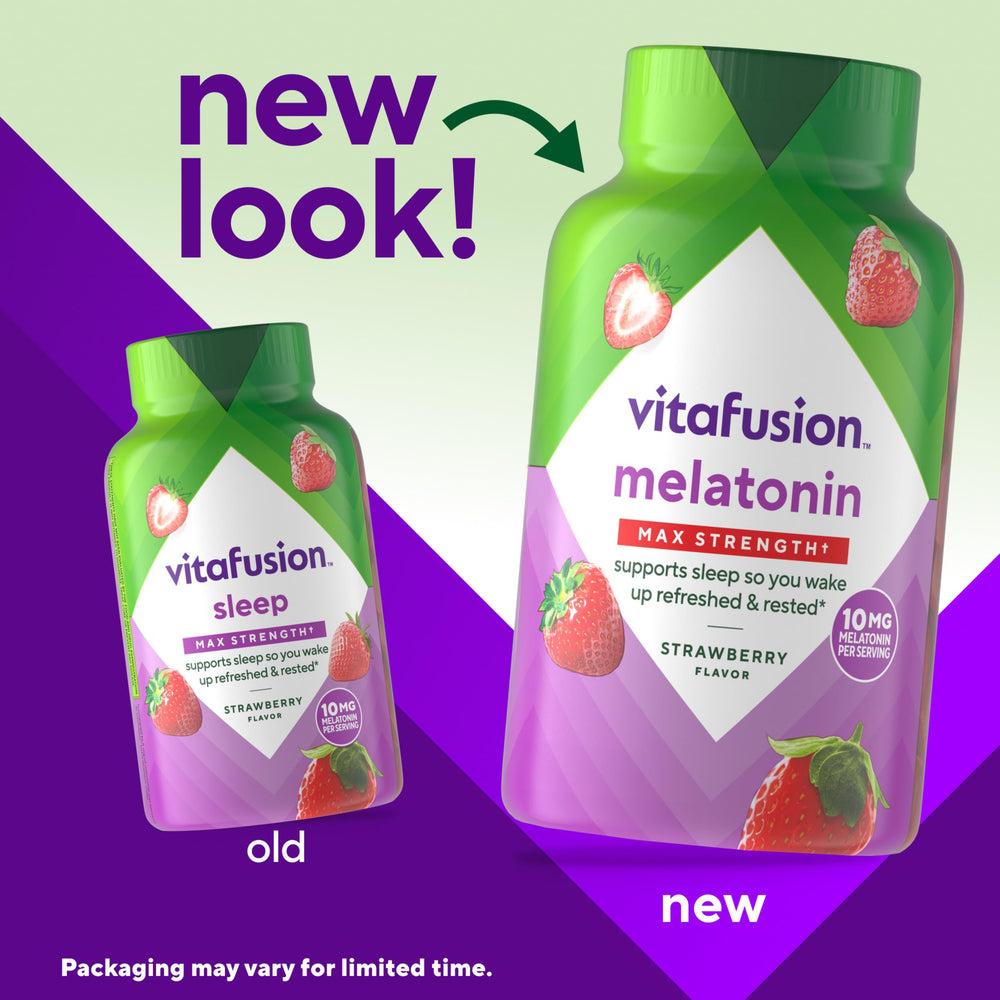 Vitafusion melatonin strawberry-flavored gummies showing natural flavor for nightly use.