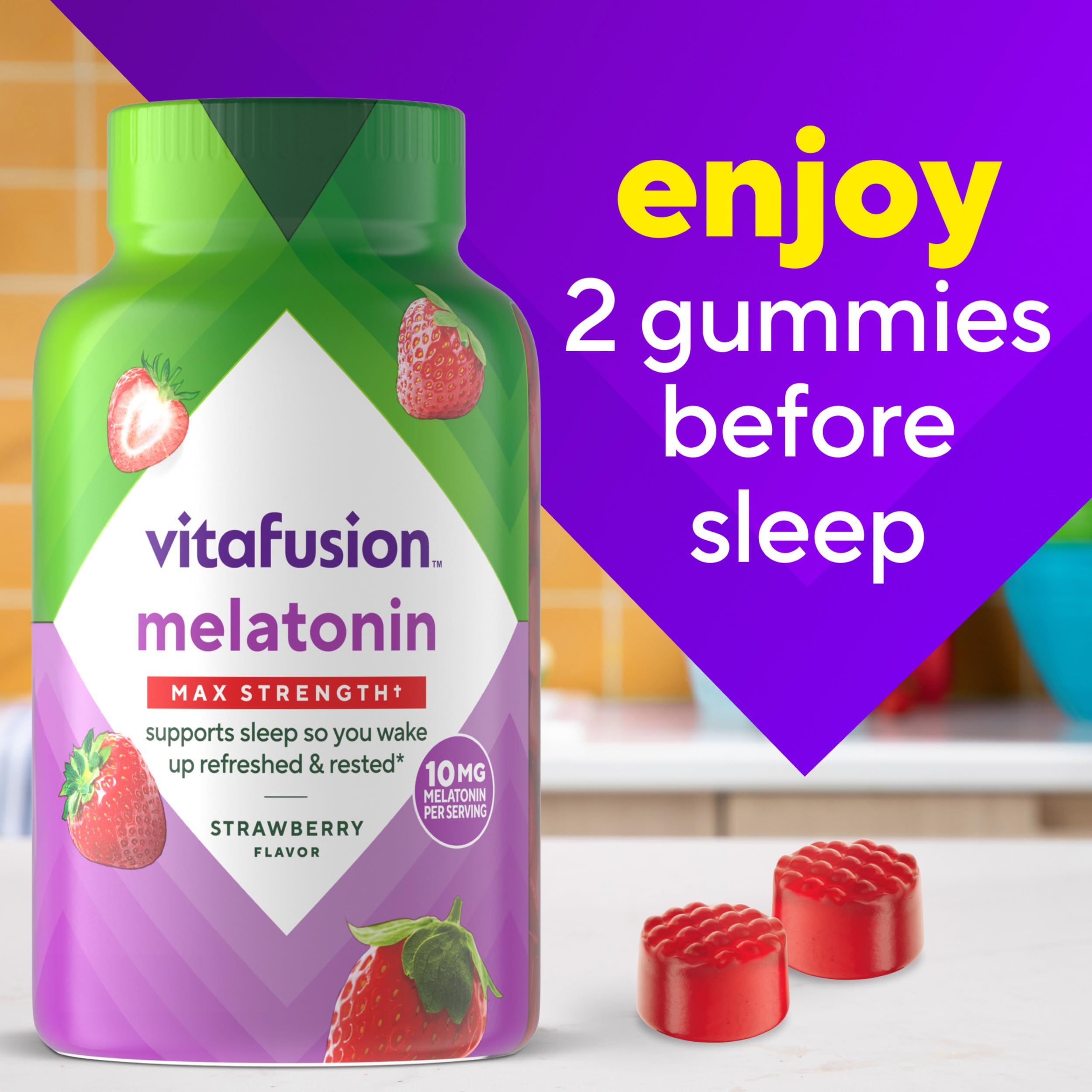 Vitafusion strawberry-fruit theme highlights natural flavor and pleasant consumption.
