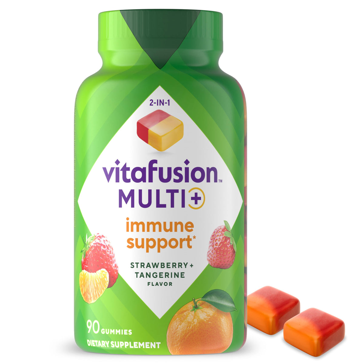 Vitafusion Multi+ Immune bottle with two-layer gummies for daily wellness