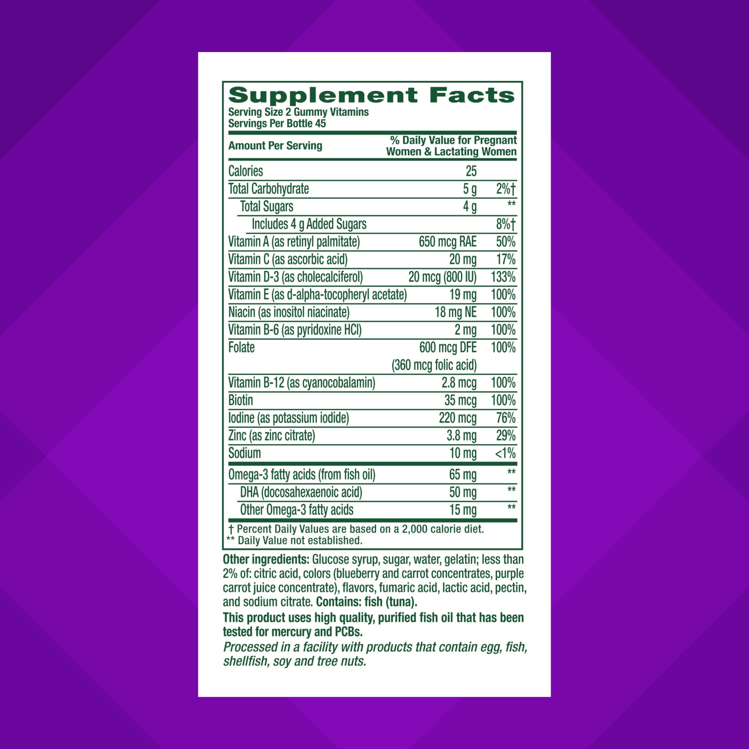 Bottle label from Vitafusion Prenatal Gummies showing 50 mg Omega-3 DHA.