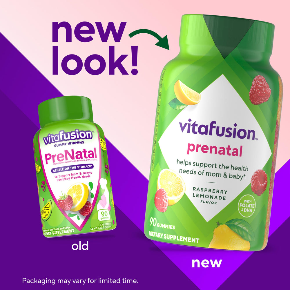 Close-up of Vitafusion PreNatal Gummies showing chewy texture and fruity flavor.