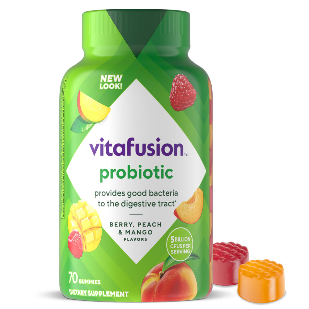 Vitafusion Probiotic Gummy Raspberry flavor in bottle, convenient daily probiotic bite.