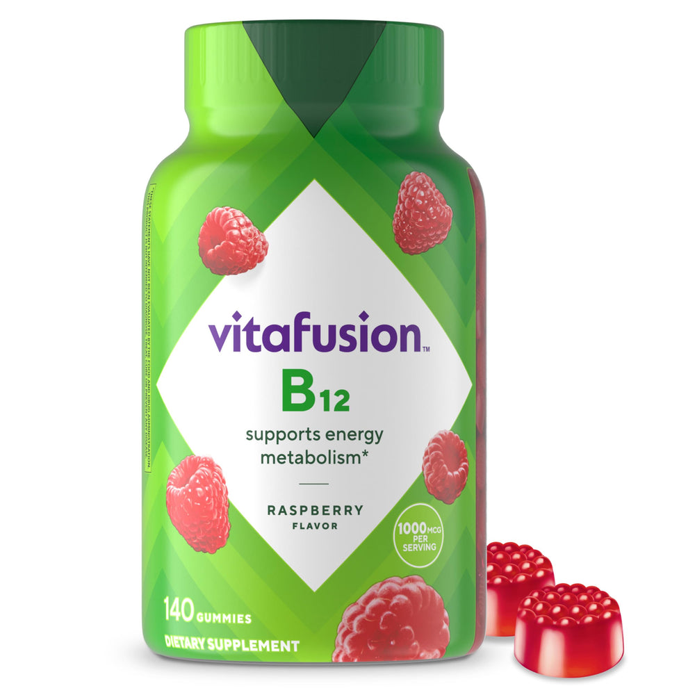 Vitafusion Vitamin B12 Gummy bottle front, raspberry flavor, energy support.
