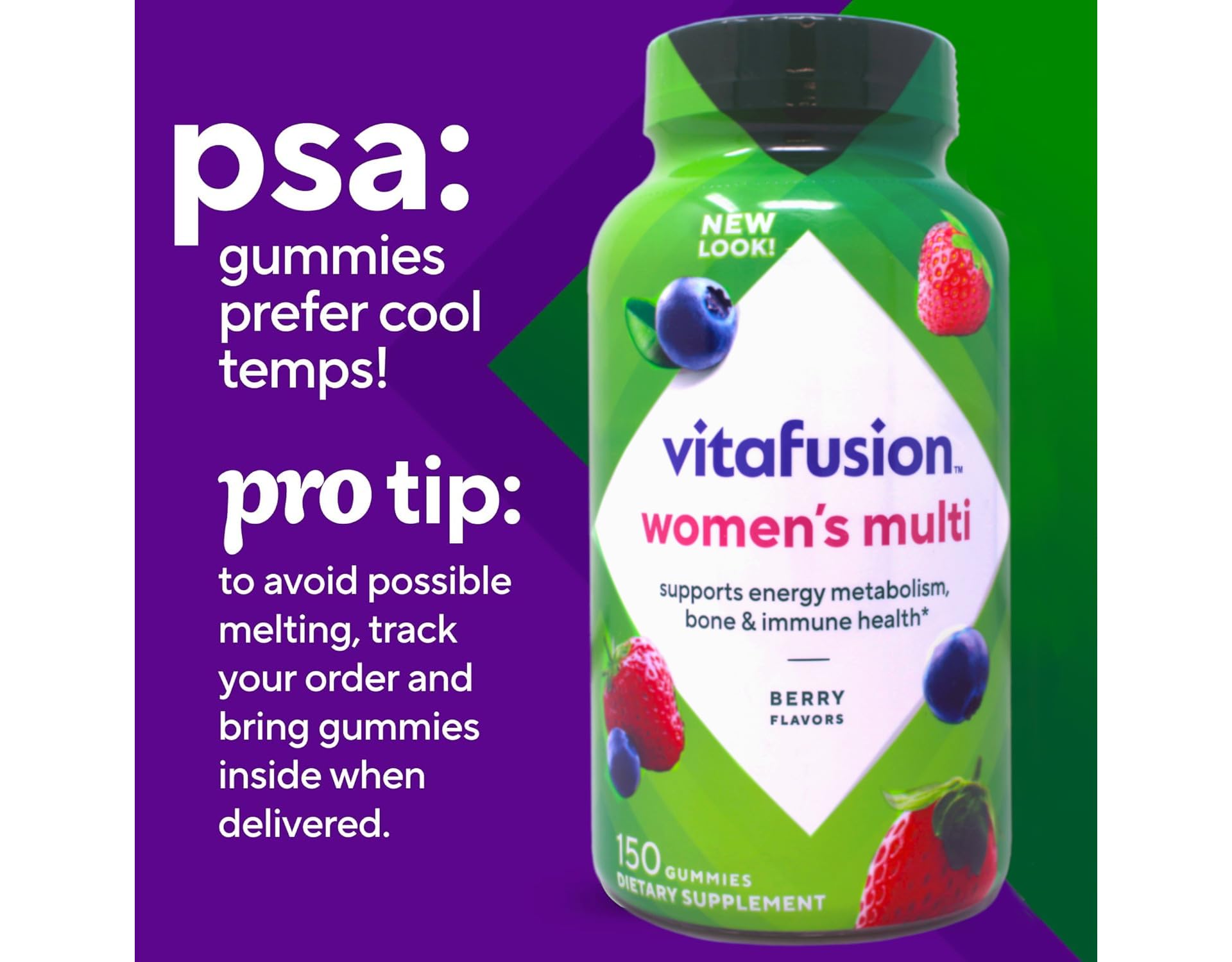 Vitafusion bottle with gummies conveys an easy daily routine.