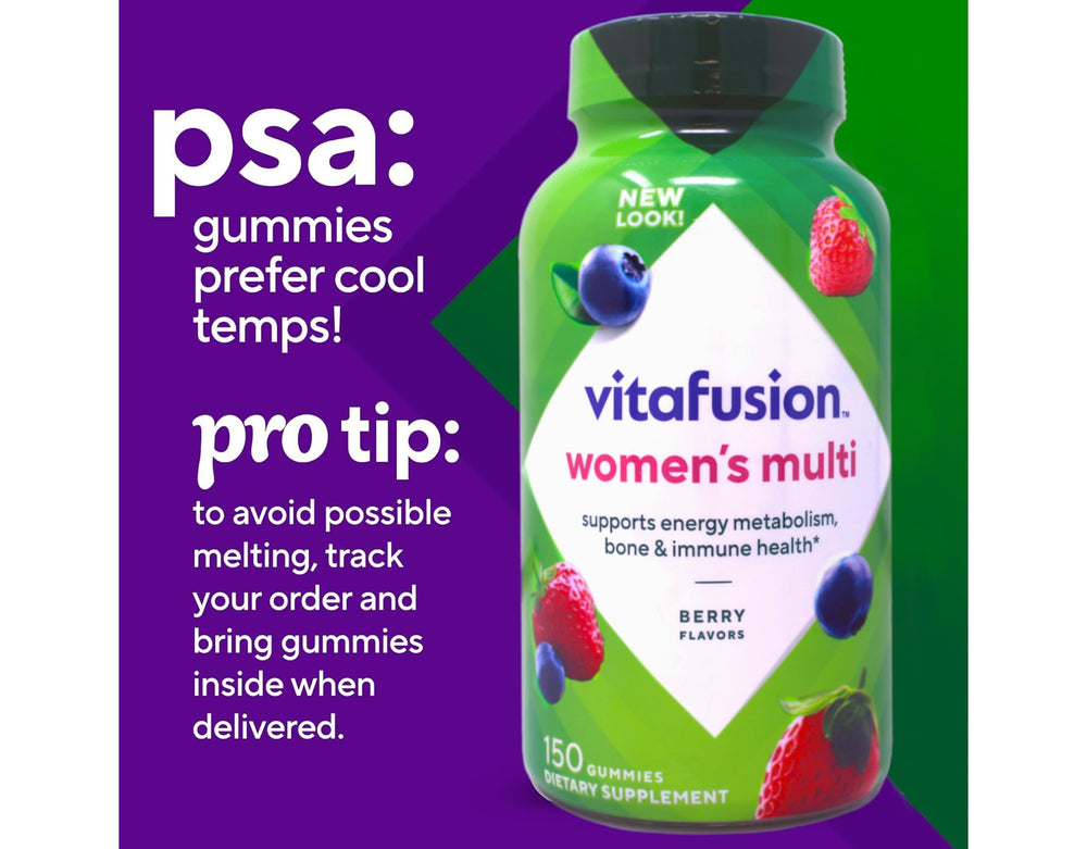 Vitafusion bottle with gummies conveys an easy daily routine.
