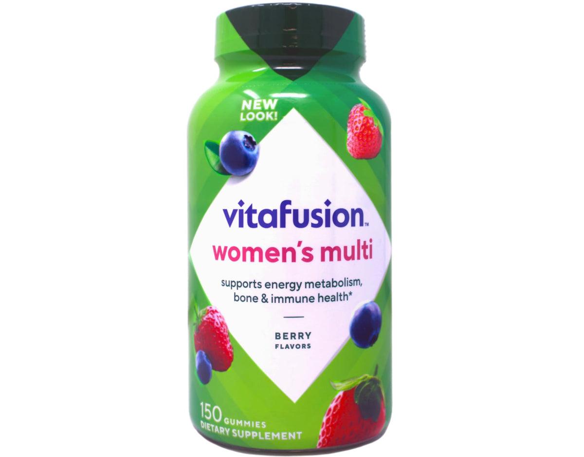 Vitafusion Women's Multivitamin Gummies bottle shows berry flavor for daily wellness.