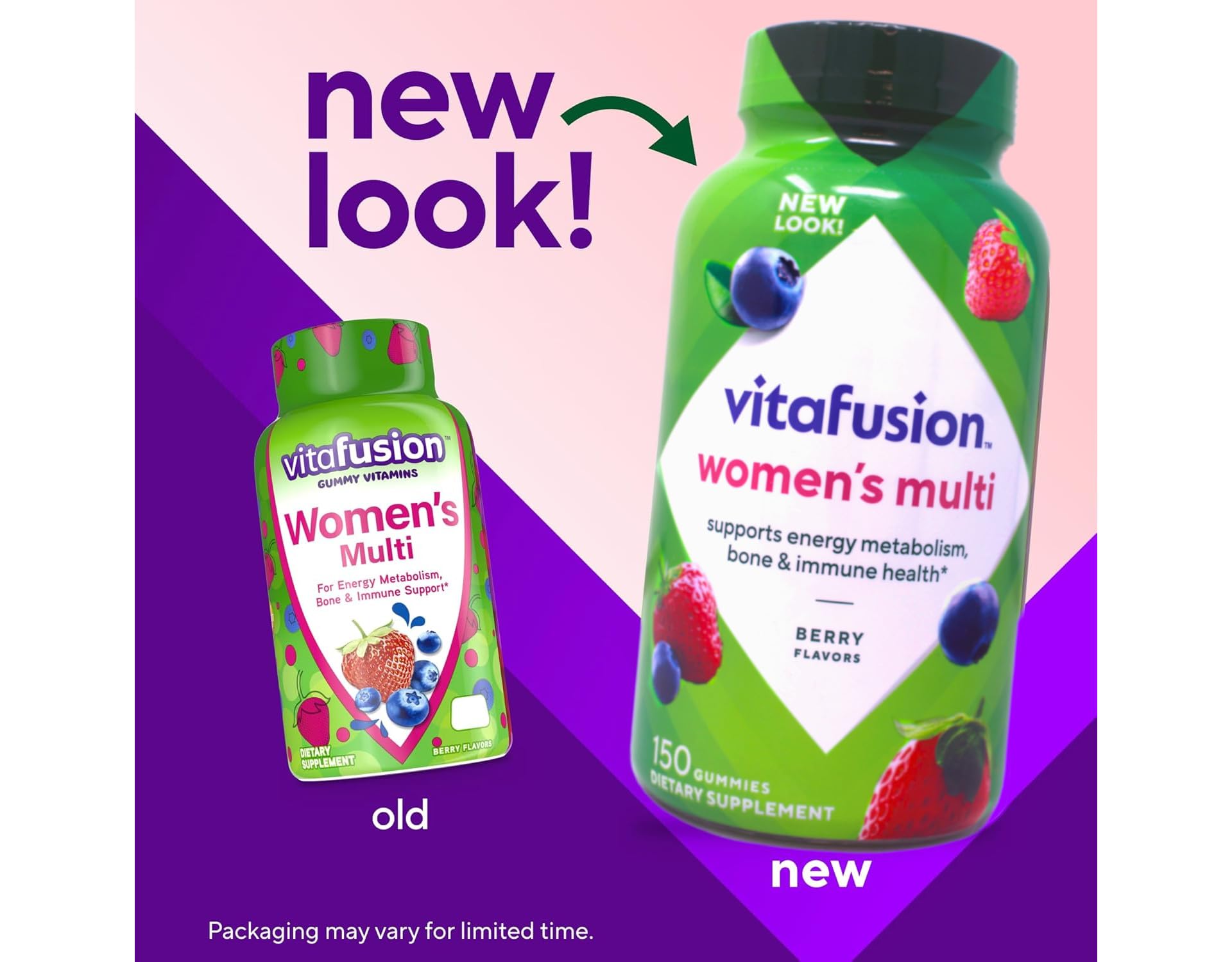 Vitafusion ingredients panel presents vitamins A, C, D, E, B-6 and B-12.