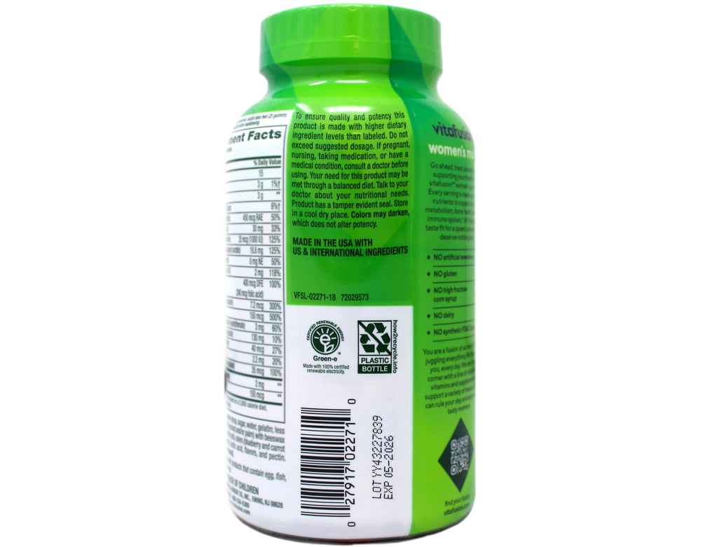 Vitafusion label on packaging emphasizes essential vitamins for daily nutrition.