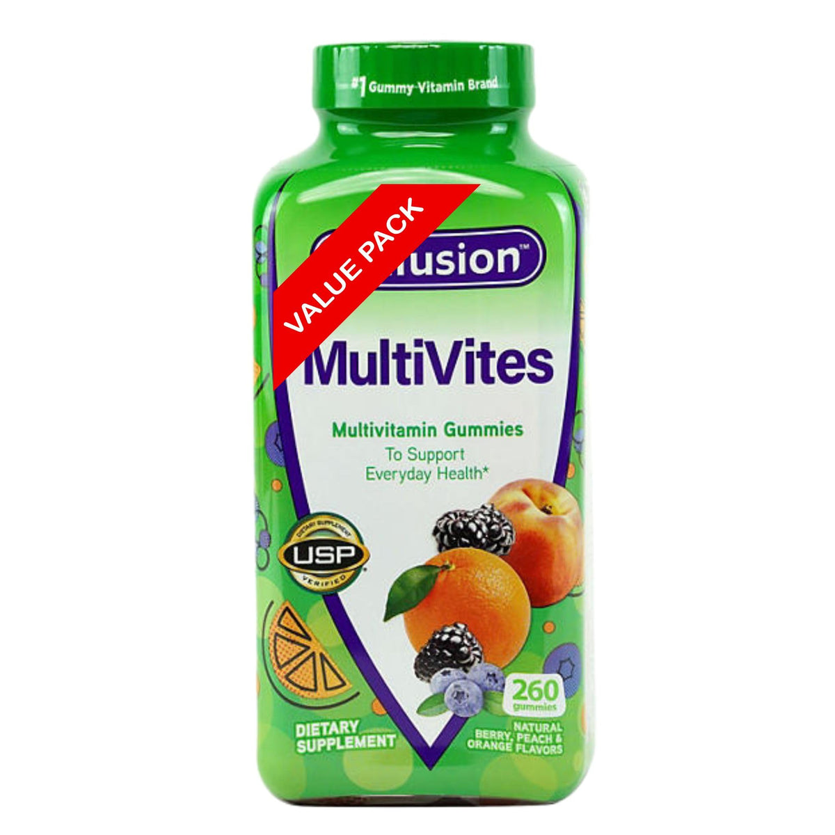 Vitafusions Multivites gummies bottle offering daily nutrients through colorful fruit flavors.