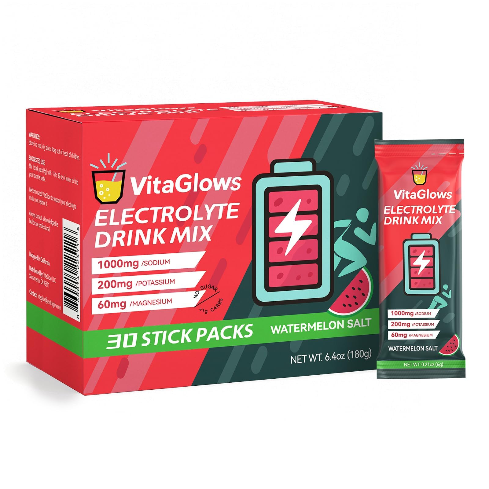 VitaGlows electrolyte bottle highlights zero sugar hydration with watermelon salt flavor