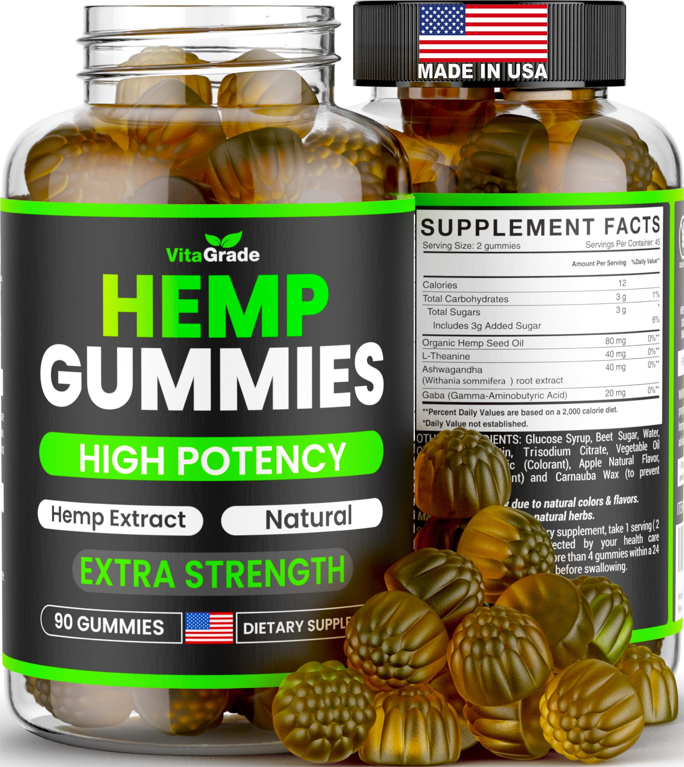 VitaGrade Hemp Gummies bottle front with extra-strength formula for daily calm