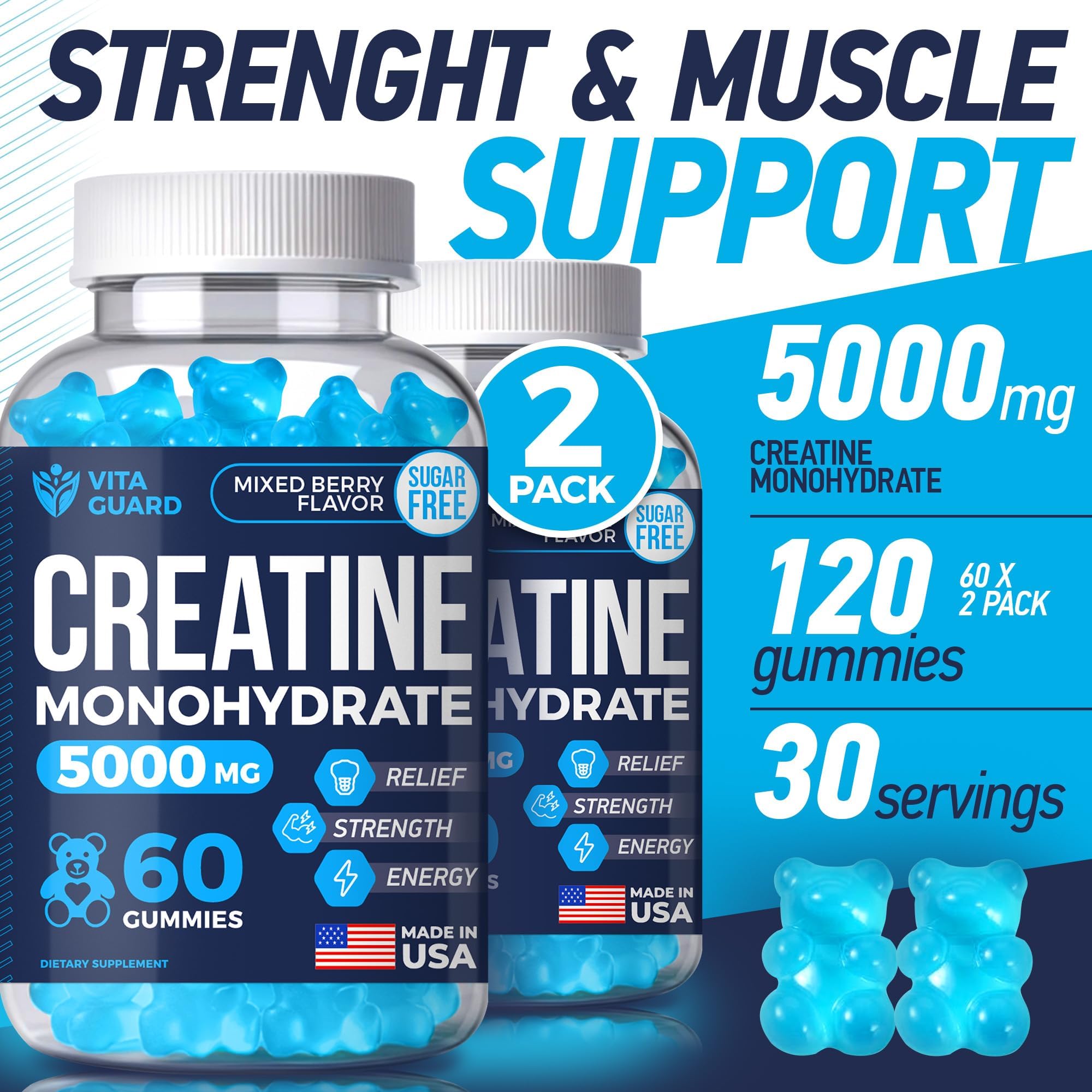 Vita Guard creatine gummies close-up texture highlights tasty, easy-to-take supplement.