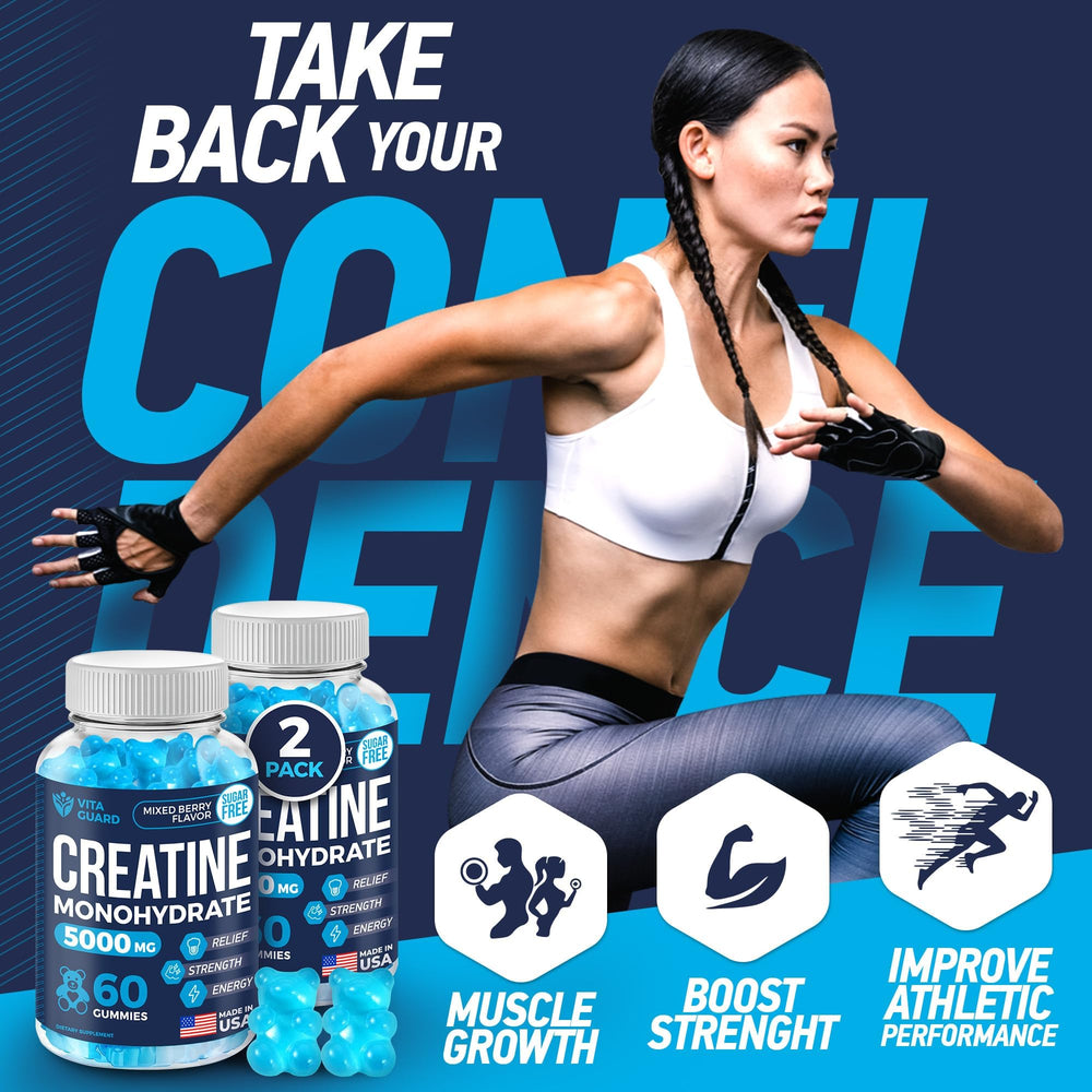 Vita Guard creatine gummies preworkout scene demonstrates on-the-go energy potential.