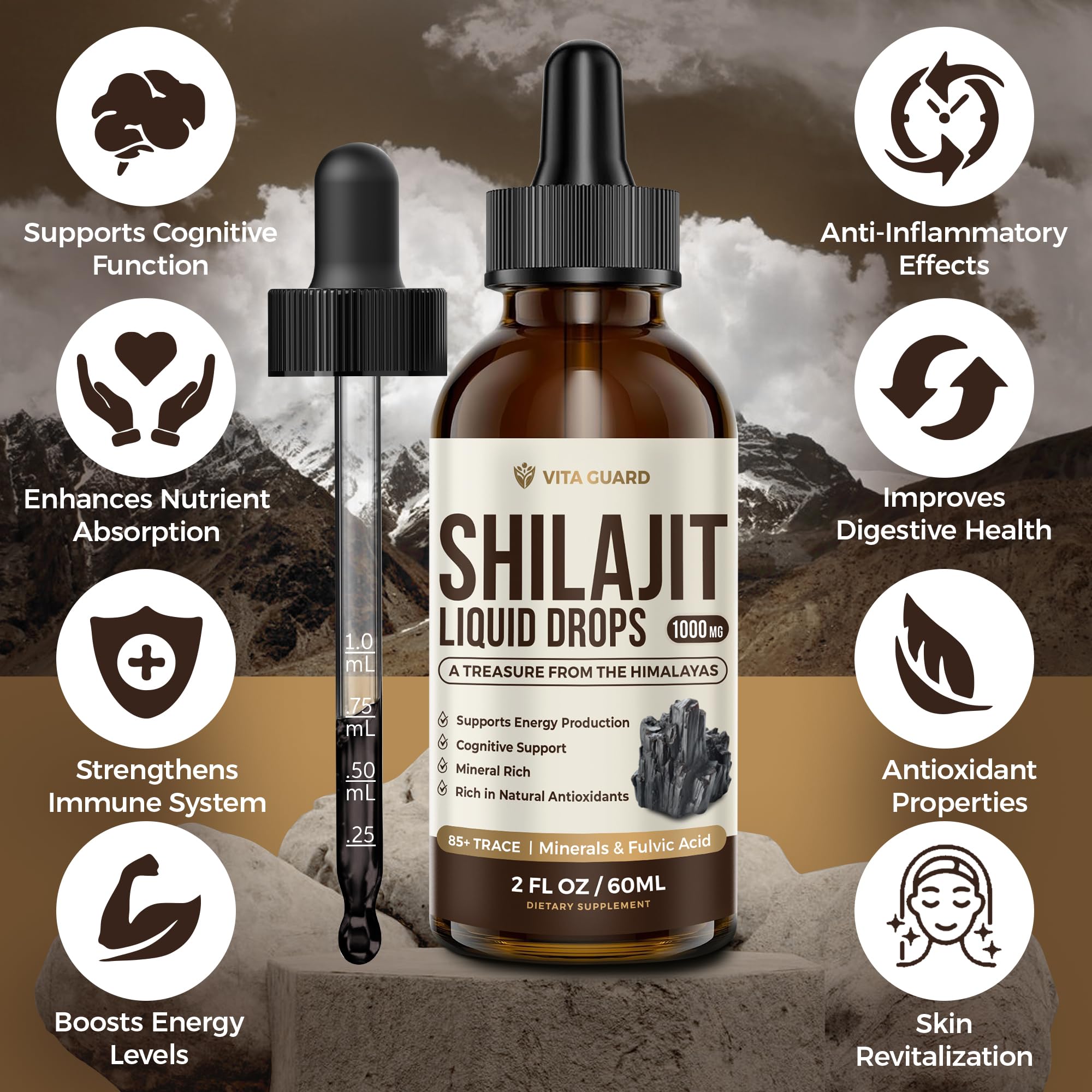 Vita Guard Himalayan Shilajit drops in water glass demonstrates versatile use.