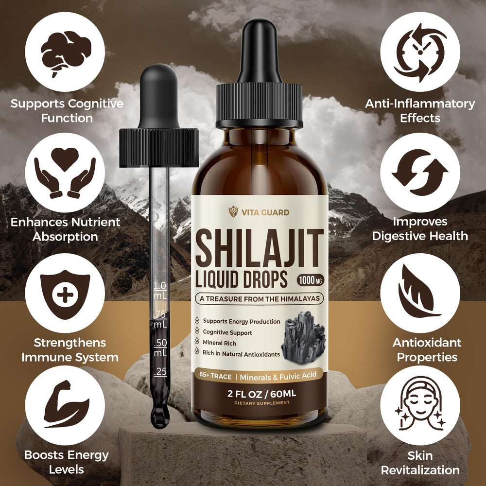 Vita Guard Himalayan Shilajit drops in water glass demonstrates versatile use.